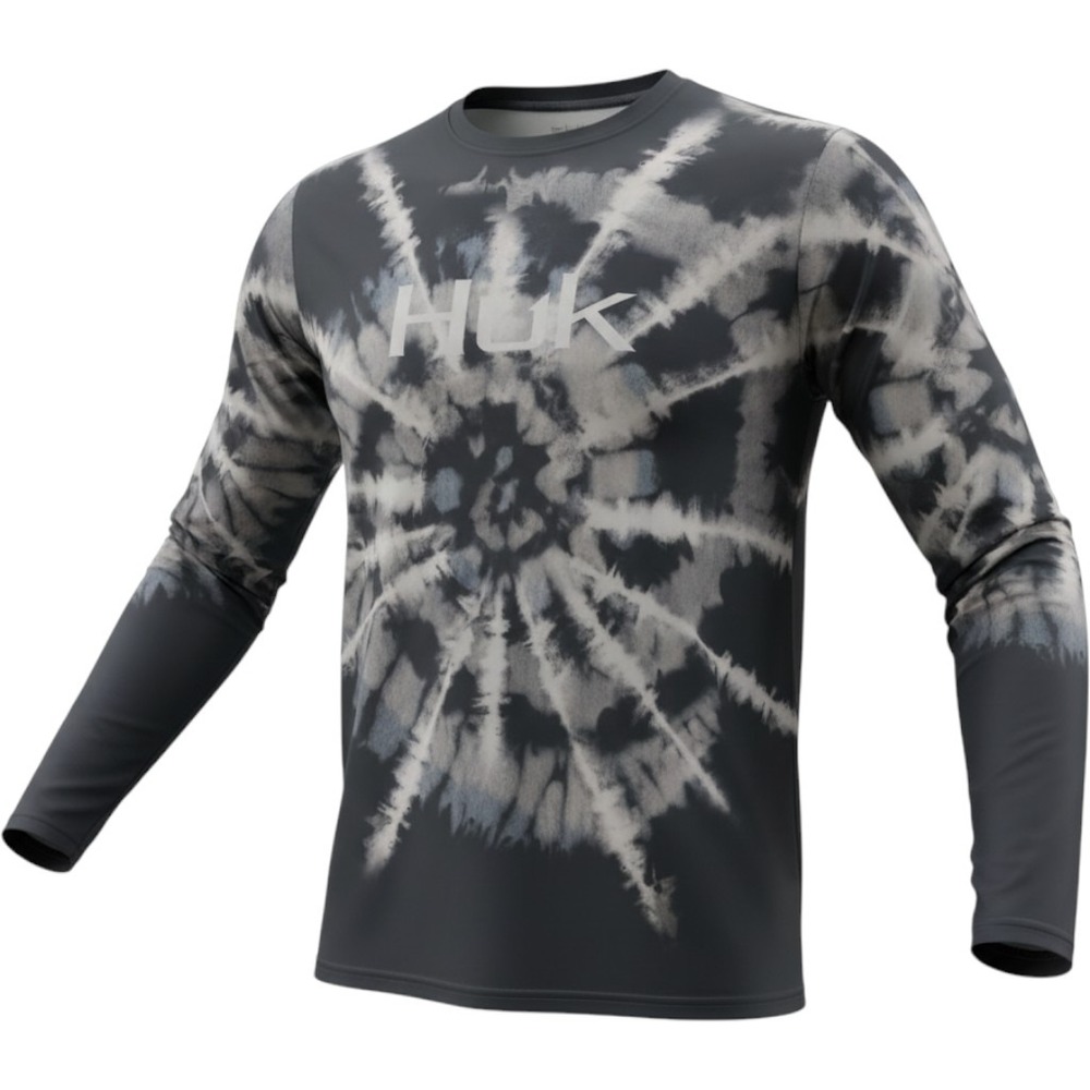Huk Pursuit Mens XL Long Sleeve Fishing Shirt Grey Black Tie Dye Performance Tee